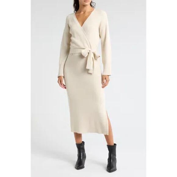 WAYF Ribbed Knit Long Sleeve Tie Wrap Sweater Dress Cream Fall Cozy Size L NWT - Picture 12 of 12